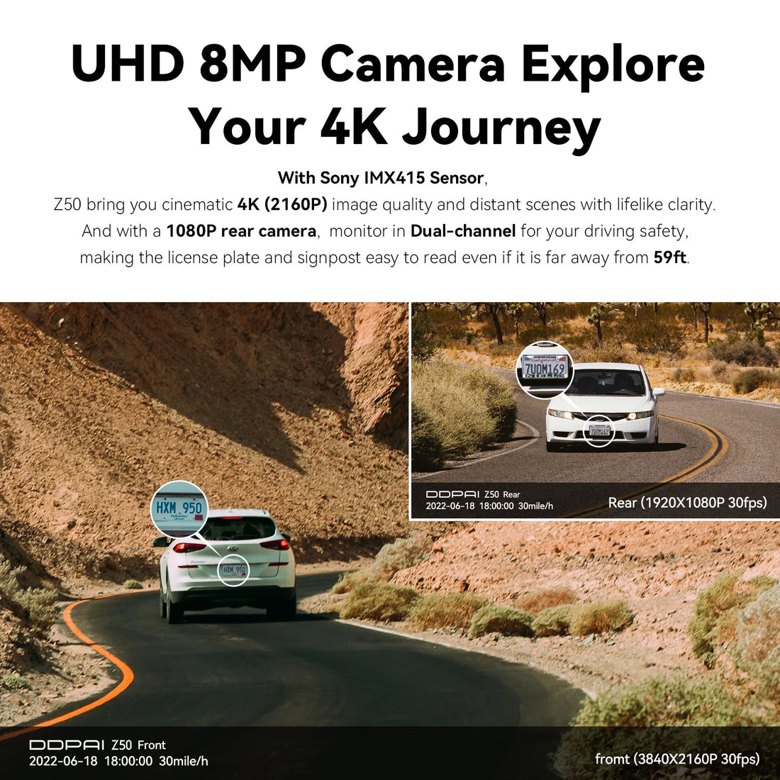 Dashcam DDPAI Z50 en 4K à l'avant et 1080P à l'arrière, capteur Sony IMX415