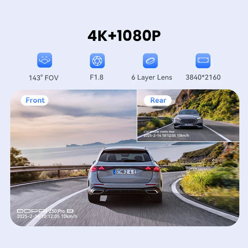 Dashcam DDPAI Z50 Pro en 4K à l'avant et 1080P à l'arrière, champ de 143 degrés et ouverture F1.8