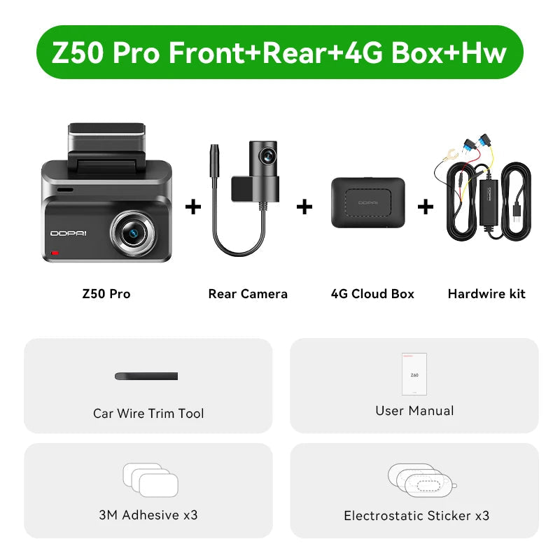 Pack dashcam DDPAI Z50 Pro avec caméra arrière, boîtier 4G et kit de câblage permanent