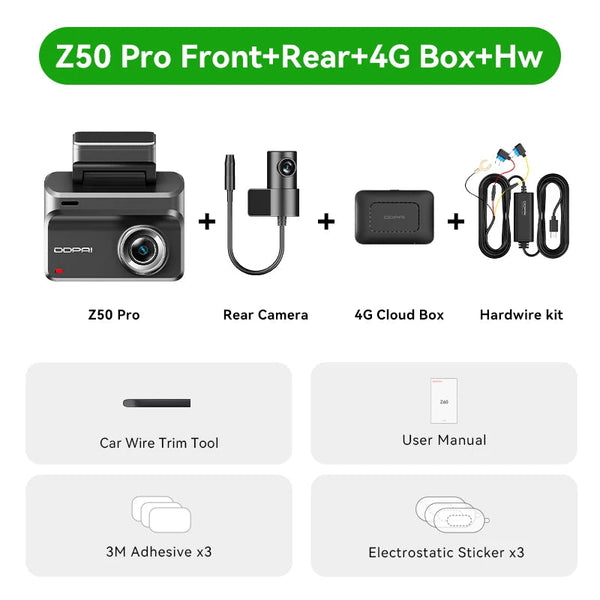 Pack dashcam DDPAI Z50 Pro avec caméra arrière, boîtier 4G et kit de câblage permanent