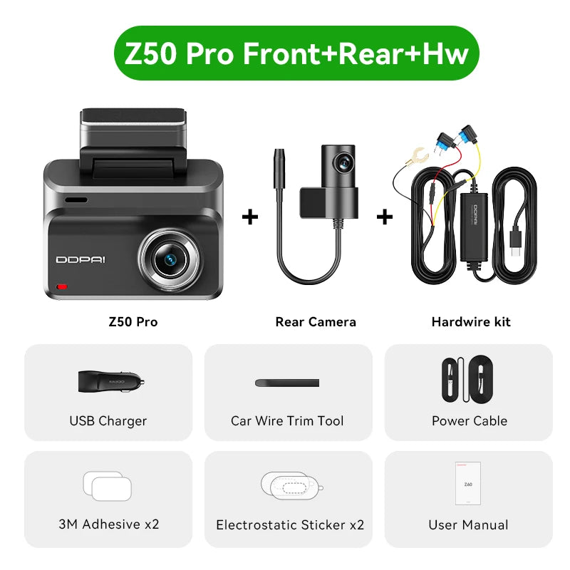Pack dashcam DDPAI Z50 Pro avec caméra arrière et kit de câblage permanent