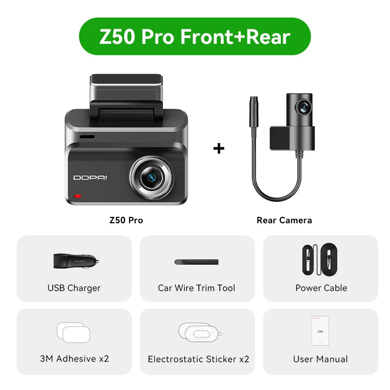 Pack dashcam DDPAI Z50 Pro avec sa caméra arrière et ses accessoires de montage