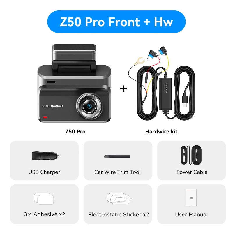Pack dashcam DDPAI Z50 Pro caméra avant seule avec kit de câblage permanent