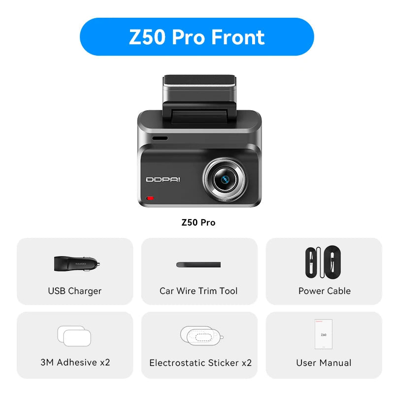 Pack dashcam DDPAI Z50 Pro caméra avant seule avec ses accessoires de montage