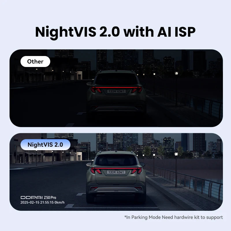 Vision nocturne NightVIS 2.0 de la dashcam DDPAI Z50 Pro comparée à une image de nuit classique