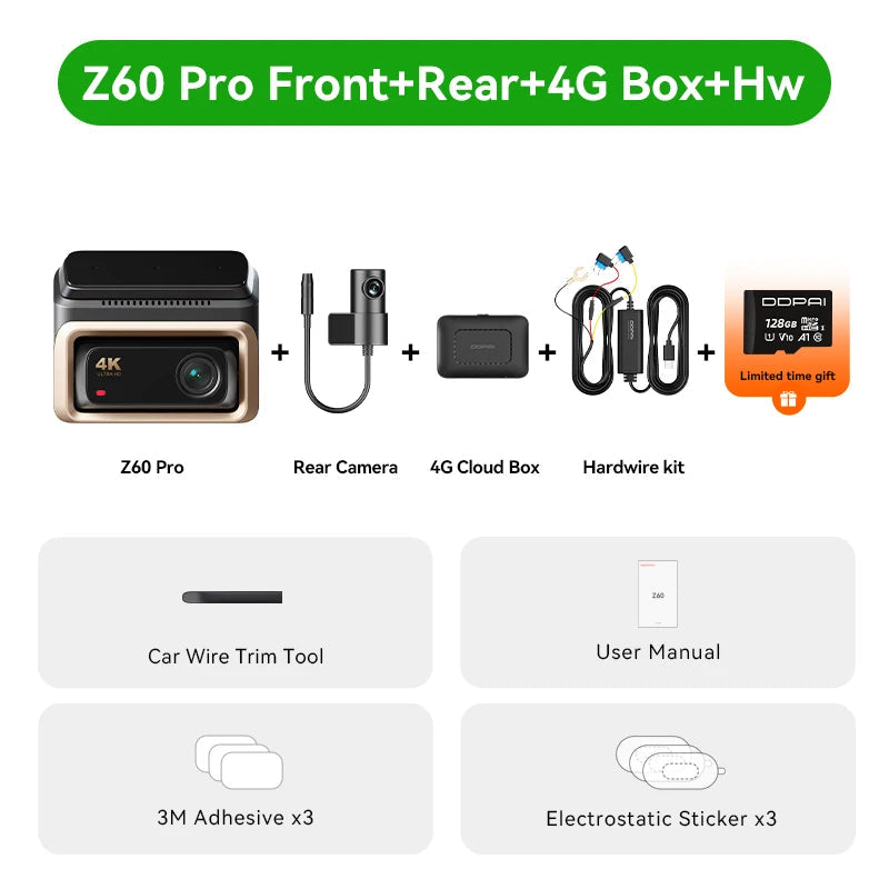 Pack dashcam DDPAI Z60 Pro avec caméra arrière, boîtier 4G et kit de câblage permanent