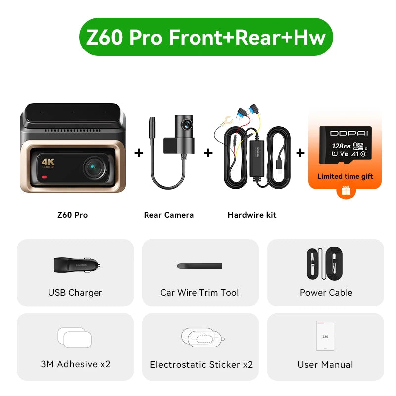 Pack dashcam DDPAI Z60 Pro avec caméra arrière et kit de câblage permanent