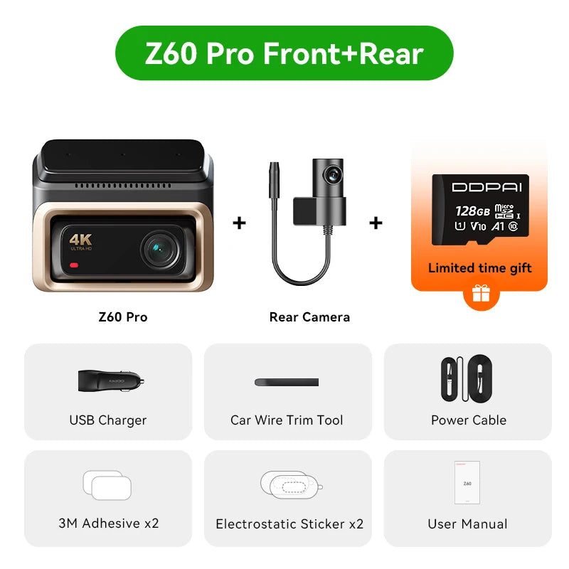 Pack dashcam DDPAI Z60 Pro avec sa caméra arrière et sa carte mémoire
