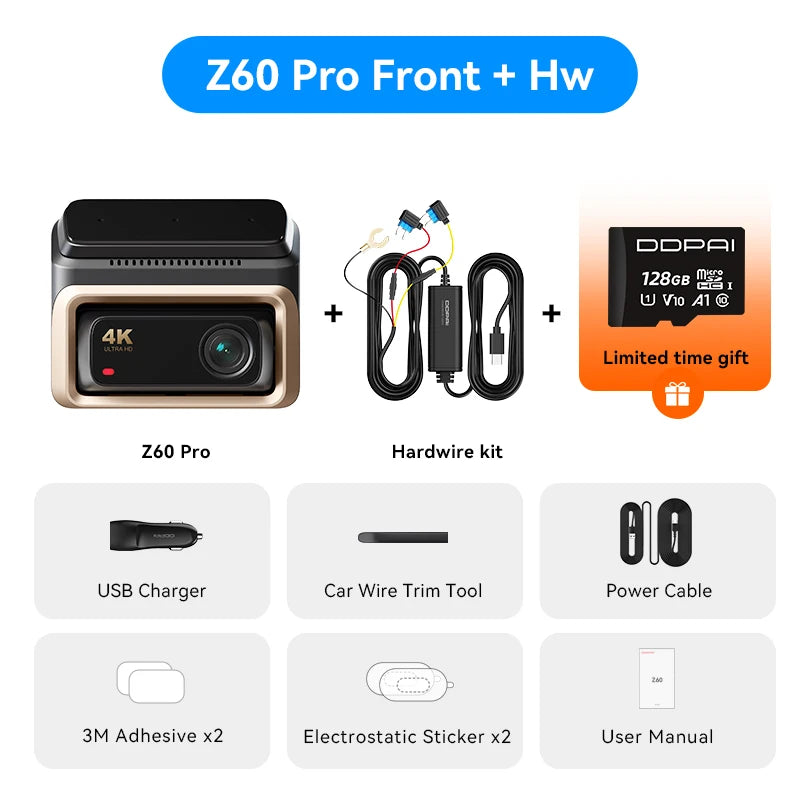 Pack dashcam DDPAI Z60 Pro caméra avant seule avec kit de câblage permanent