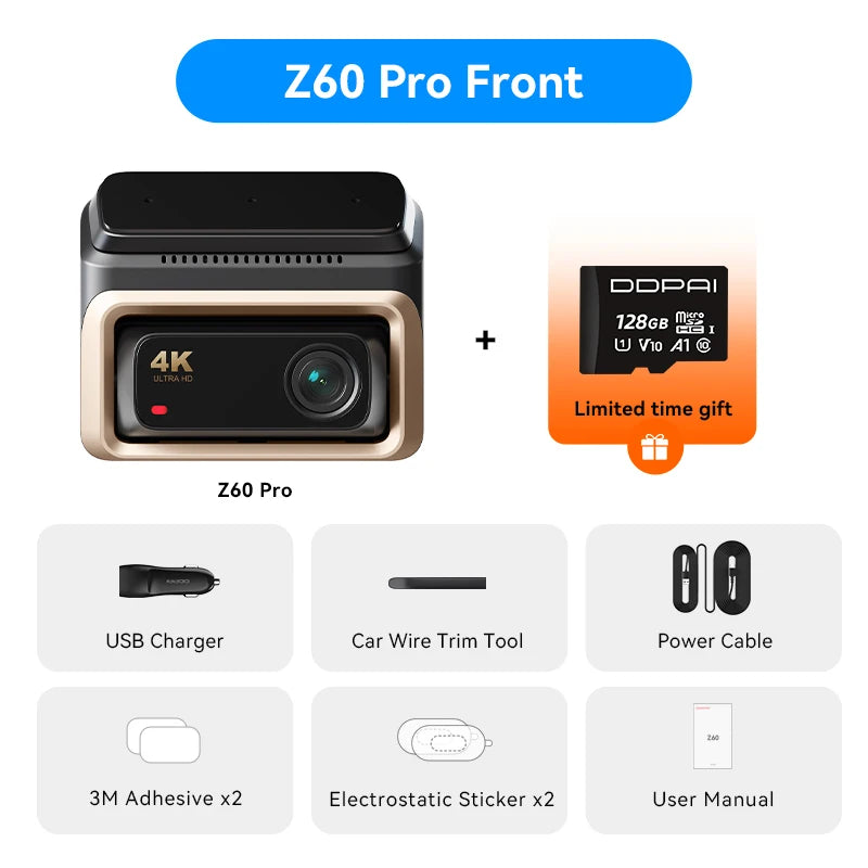 Pack dashcam DDPAI Z60 Pro caméra avant seule avec carte mémoire et accessoires de montage