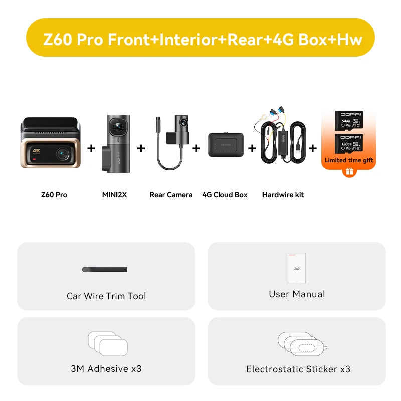 Pack dashcam DDPAI Z60 Pro trois caméras avec MINI2X pour l'habitacle, caméra arrière, boîtier 4G et kit de câblage