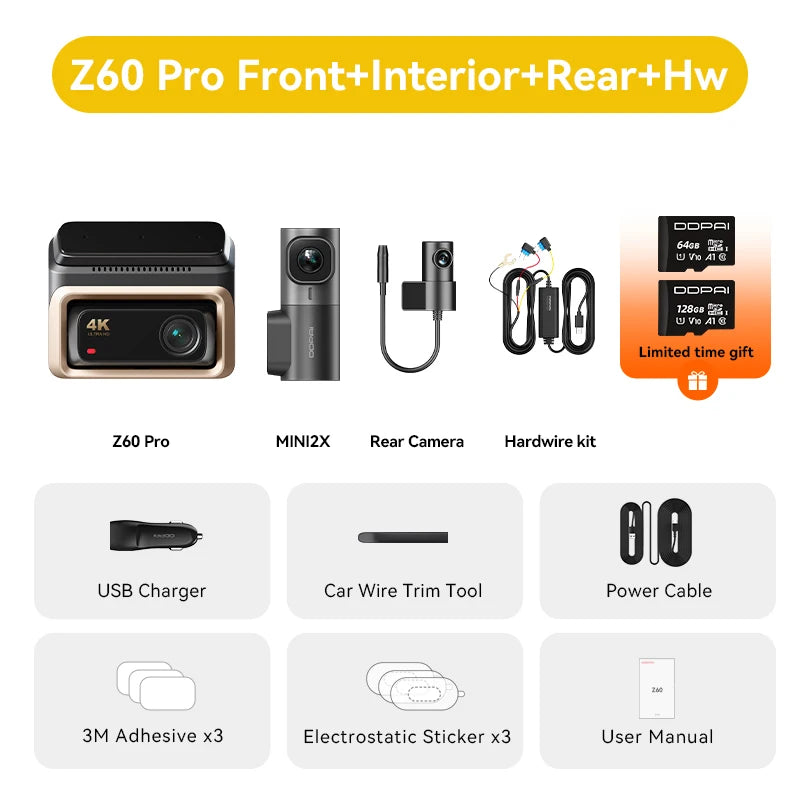 Pack dashcam DDPAI Z60 Pro trois caméras avec MINI2X, caméra arrière et kit de câblage permanent