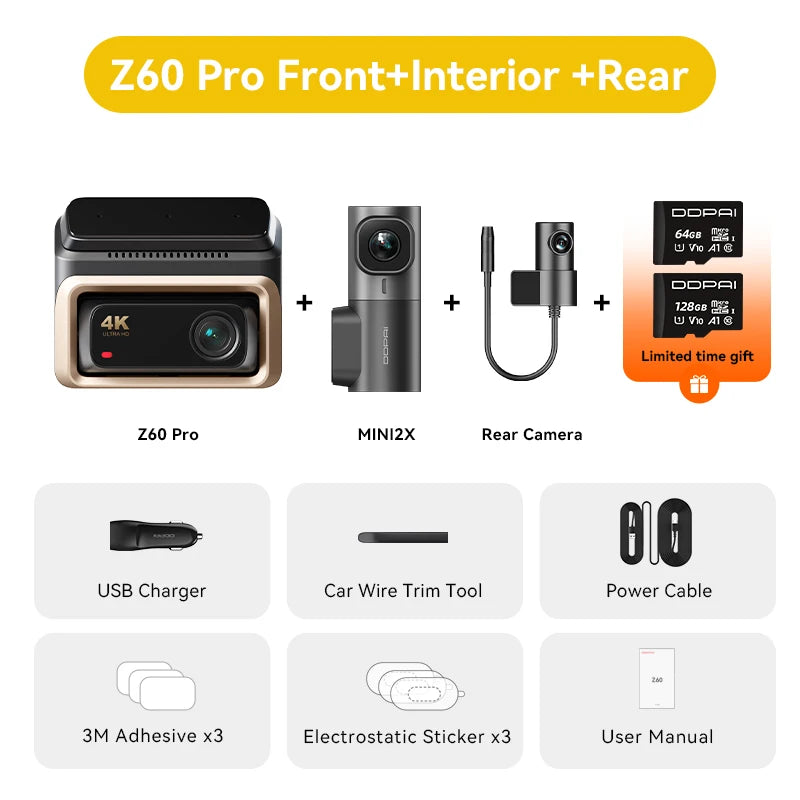 Pack dashcam DDPAI Z60 Pro trois caméras avec MINI2X pour l'habitacle et caméra arrière