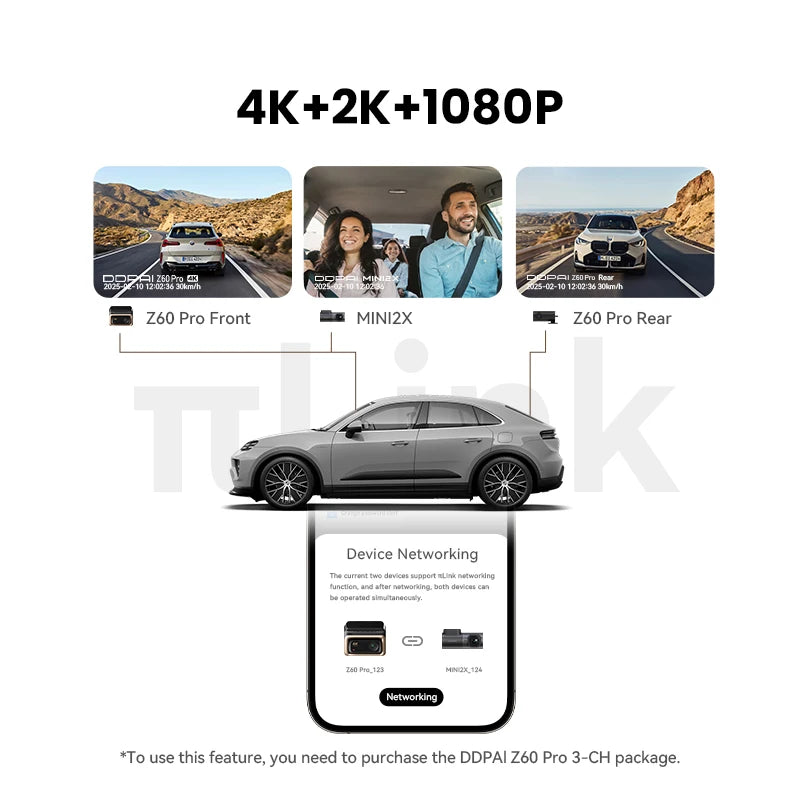 Trois canaux de la dashcam DDPAI Z60 Pro : avant en 4K, habitacle en 2K avec la MINI2X et arrière en 1080P