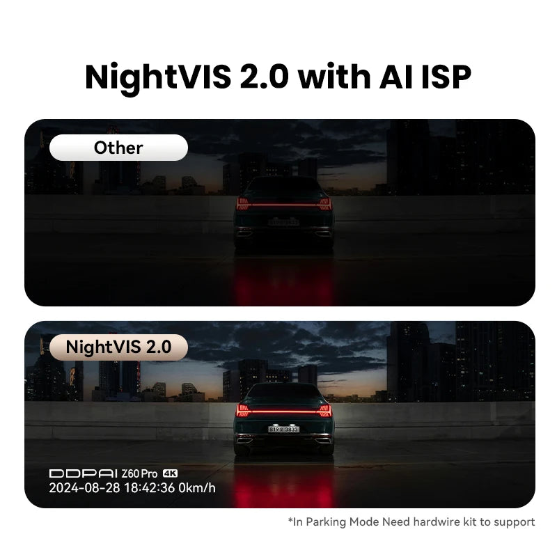 Vision nocturne NightVIS 2.0 de la dashcam DDPAI Z60 Pro comparée à une image de nuit classique