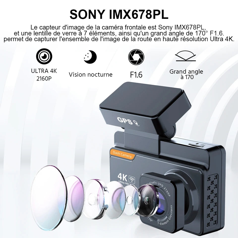 Capteur Sony IMX678PL et objectif à 7 lentilles de la dashcam E-ACE B46P, 4K et grand angle 170°