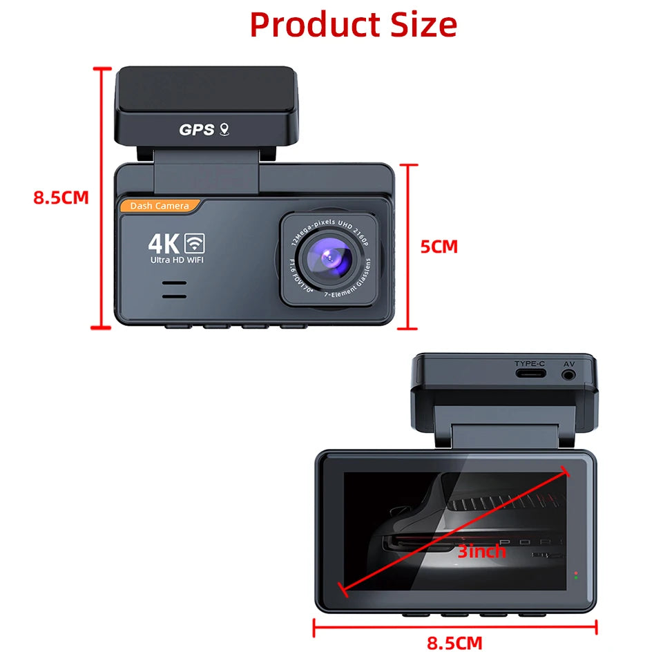 Dimensions de la dashcam E-ACE B46P : 8,5 cm de large, 5 cm de haut et écran de 3 pouces