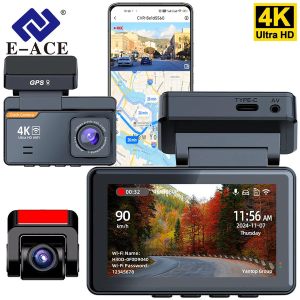 Dashcam voiture E-ACE B46P 4K, module GPS amovible et caméra arrière