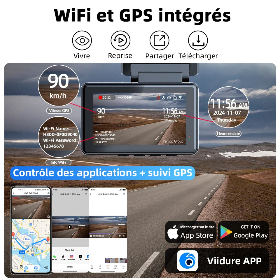 Écran de la dashcam E-ACE B46P affichant la vitesse GPS, l'heure et la date, avec l'application mobile