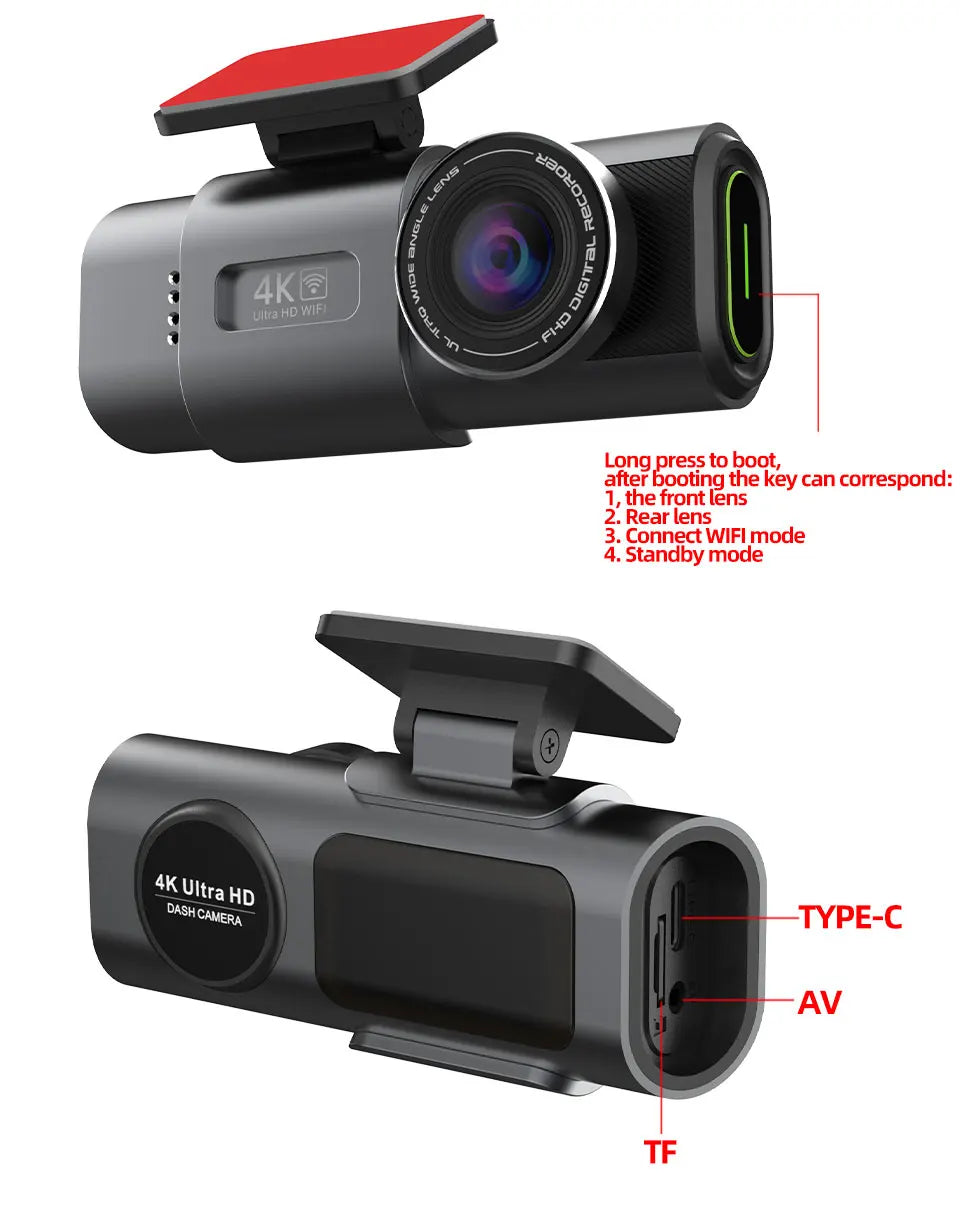 Boîtier de la dashcam E-ACE B53P : bouton multifonction, port USB-C, sortie AV et emplacement de carte microSD