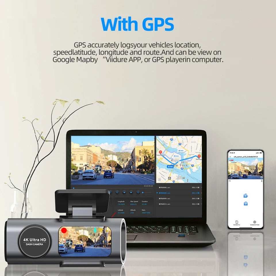 GPS de la dashcam E-ACE B53P : trajet, vitesse et position relus sur ordinateur et sur téléphone
