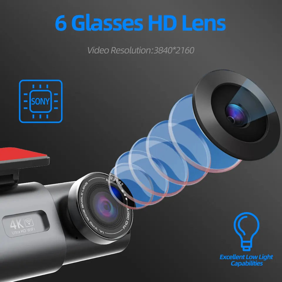 Objectif à six lentilles de verre et capteur Sony de la dashcam E-ACE B53P, définition 3840 par 2160