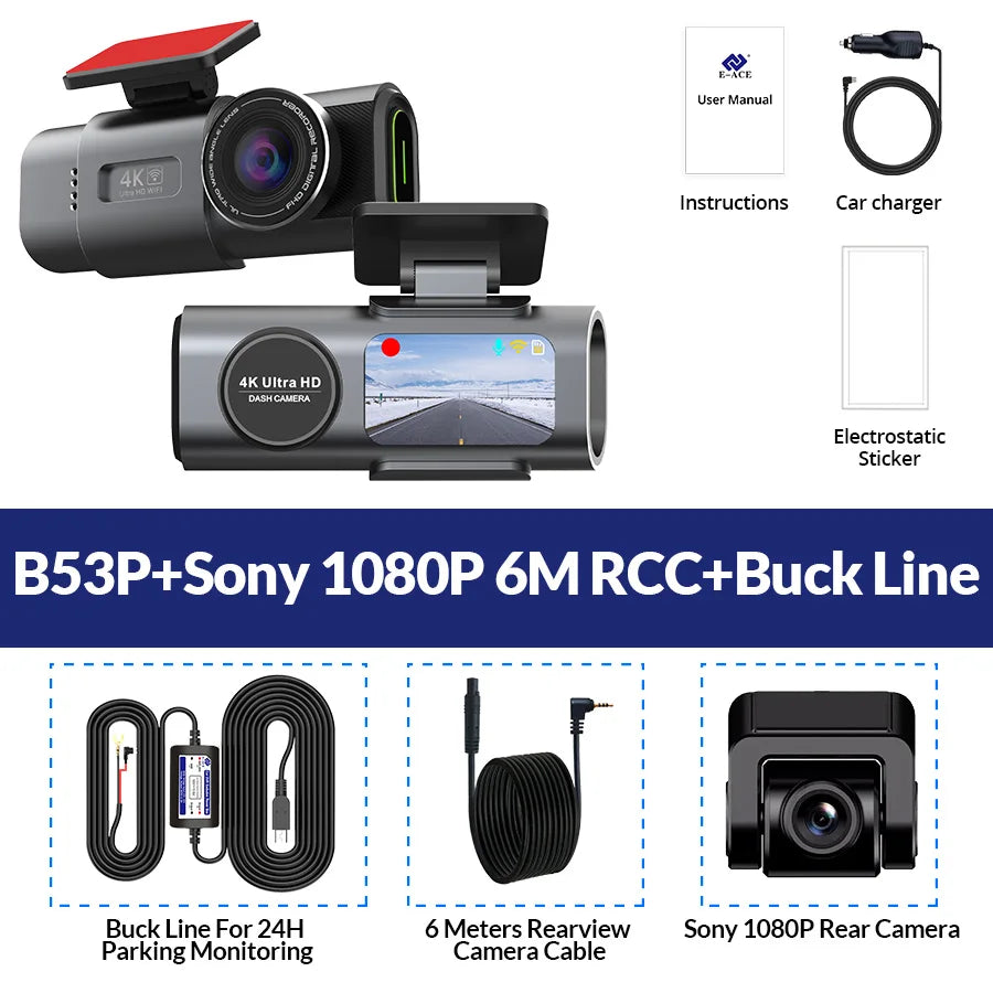 Pack dashcam E-ACE B53P avec caméra arrière Sony 1080P, câble de 6 mètres et kit de câblage pour la surveillance 24 h