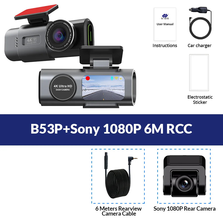 Pack dashcam E-ACE B53P avec caméra arrière Sony 1080P et câble de 6 mètres