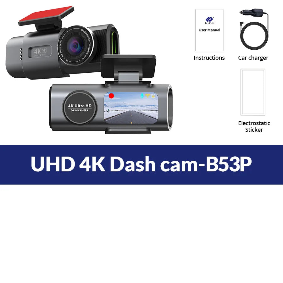 Pack dashcam E-ACE B53P caméra avant seule avec chargeur allume-cigare et adhésif électrostatique