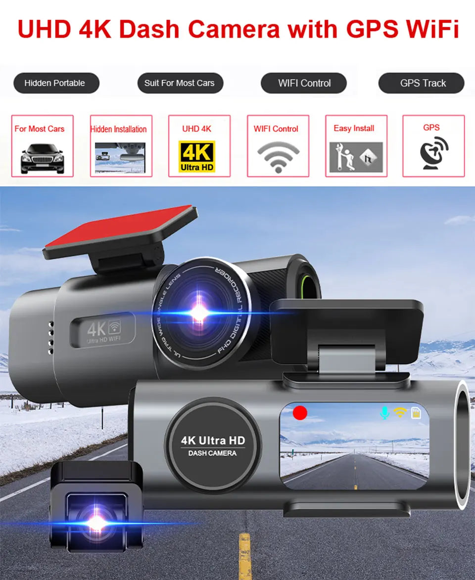 Dashcam voiture E-ACE B53P 4K avec GPS et Wi-Fi, installation discrète derrière le rétroviseur