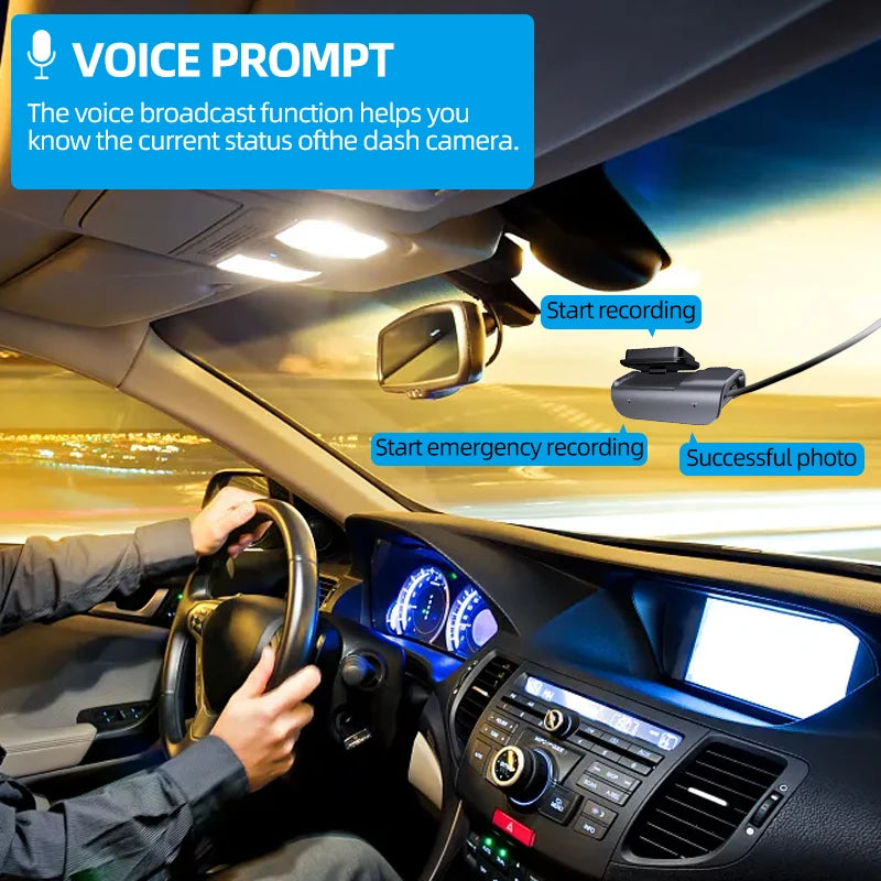 Annonces vocales de la dashcam E-ACE B54 installée derrière le rétroviseur : début d'enregistrement et photo réussie