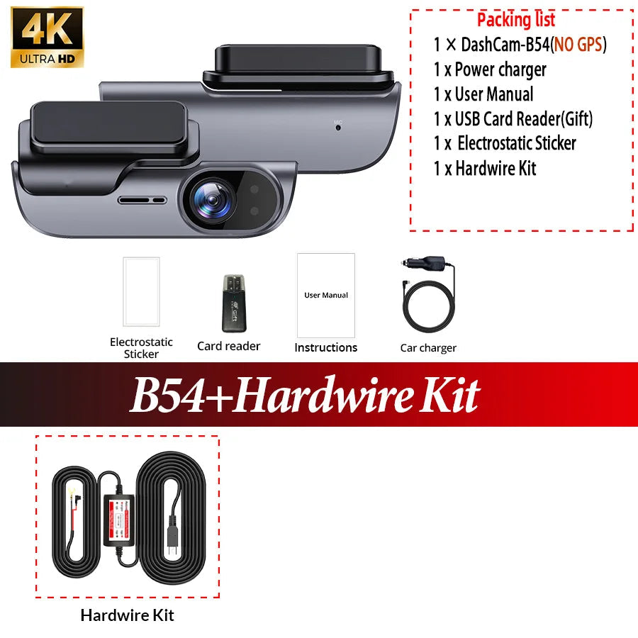 Pack dashcam E-ACE B54 sans GPS avec kit de câblage permanent et accessoires