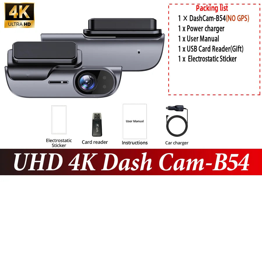 Pack dashcam E-ACE B54 sans GPS avec chargeur allume-cigare, lecteur de carte et adhésifs électrostatiques
