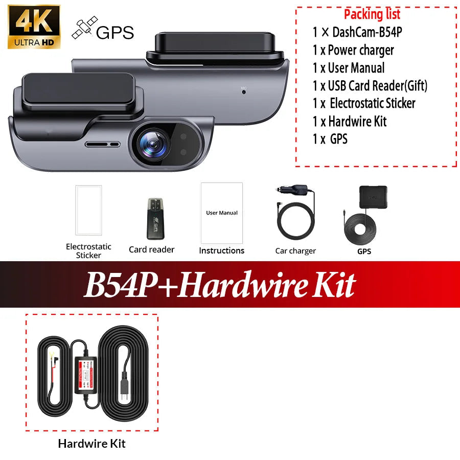 Pack dashcam E-ACE B54P avec GPS, kit de câblage permanent, chargeur allume-cigare et lecteur de carte