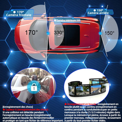 Angles de vue de la dashcam miroir : 170° à l'avant, 330° dans l'habitacle et 150° à l'arrière, avec enregistrement en boucle et détection de choc