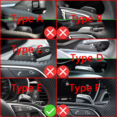 Tableau des six formes de palettes Audi, du type A au type F : seul le type E est compatible