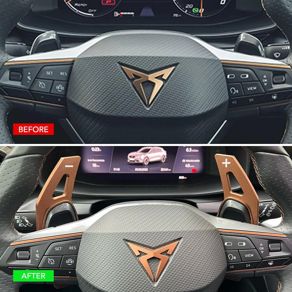 Volant de Cupra Leon avant et après pose des extensions de palette bronze