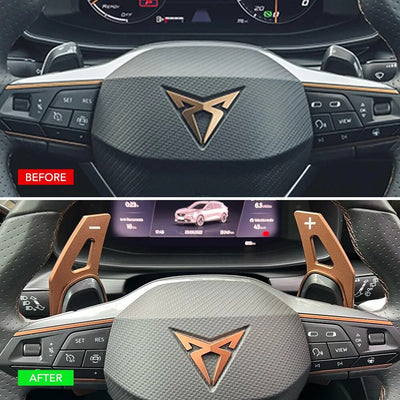 Volant de Cupra Leon avant et après pose des extensions de palette bronze