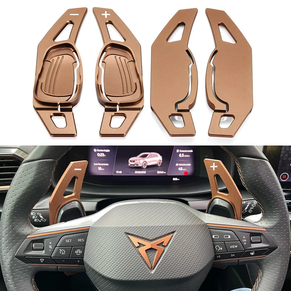 Extension palette au volant Cupra Leon bronze montée sur le volant