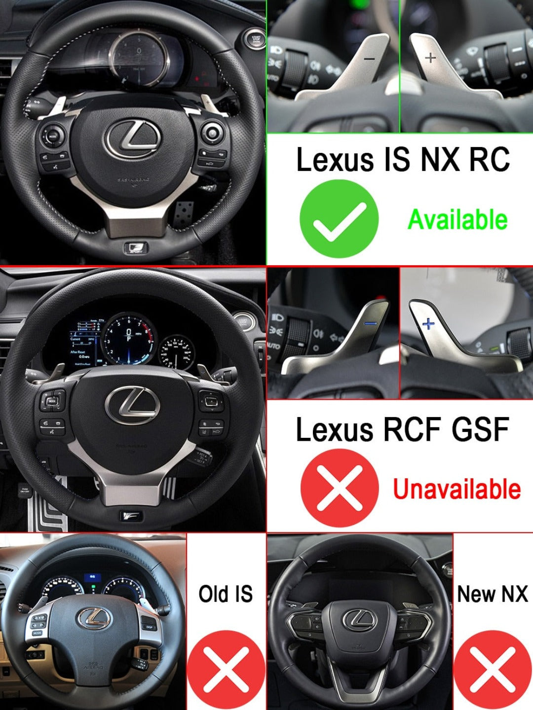 Compatibilité des extensions de palette Lexus : compatibles IS, NX et RC, incompatibles RCF, GSF, ancienne IS et nouveau NX