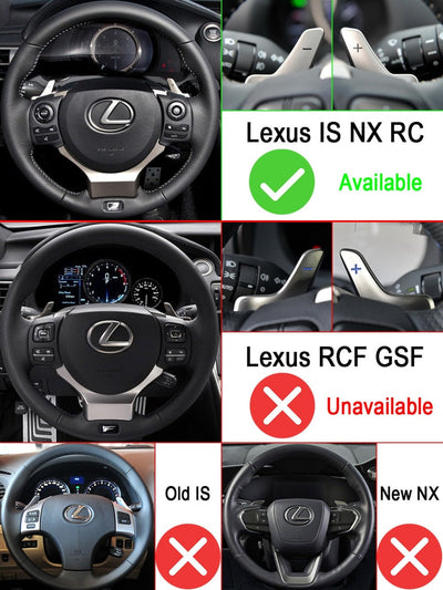 Compatibilité des extensions de palette Lexus : compatibles IS, NX et RC, incompatibles RCF, GSF, ancienne IS et nouveau NX