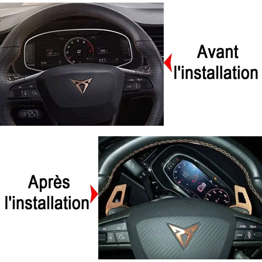 Volant avant et après la pose des extensions de palette Seat Leon FR bronze