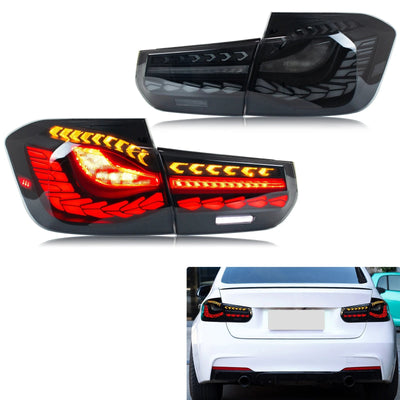 Jeu de feux arrière LED GTS fumés pour BMW F30, avec une berline blanche en fond