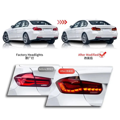 BMW F30 blanche avant et après la pose des feux arrière LED GTS