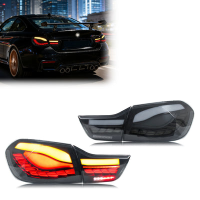 Variante Série 4 des feux arrière LED GTS fumés, avec une M4 noire en fond