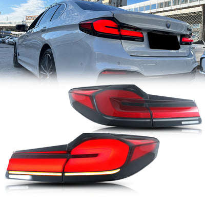 Jeu de feux arrière LED style restylé pour BMW G30, avec une G30 grise en fond