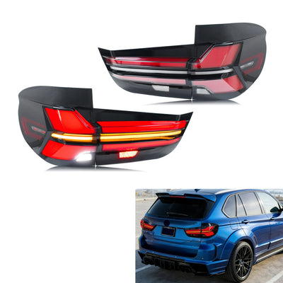 Jeu de feux arrière LED pour BMW X5 F15, avec un X5 bleu en fond
