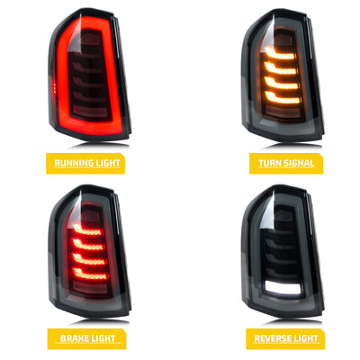 Fonctions du feu arrière LED Chrysler 300 : position, clignotant, stop et recul