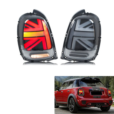 Paire de feux arrière LED Union Jack pour Mini Cooper F56, avec une Mini rouge en fond