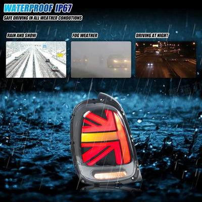 Feu arrière LED Union Jack sous la pluie, étanchéité IP67